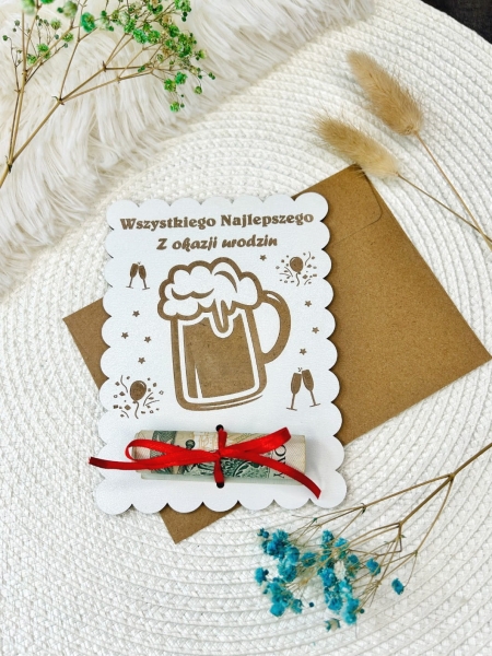 Drewniana Kartka na Pieniądze Prezent na Urodziny dla Niego Piwo Śmieszny Bon Mega Prezencik