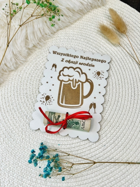 Drewniana Kartka na Pieniądze Prezent na Urodziny dla Niego Piwo Śmieszny Bon Mega Prezencik