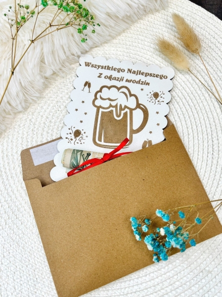 Drewniana Kartka na Pieniądze Prezent na Urodziny dla Niego Piwo Śmieszny Bon Mega Prezencik