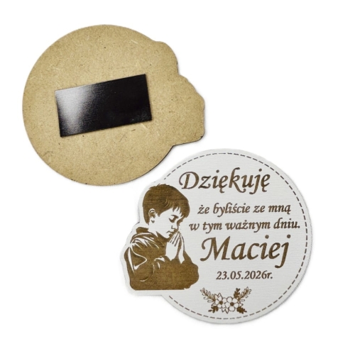 Podziękowanie dla Gości Komunia Magnes Biały Grawer Imię Pamiątka IHS Chłopiec