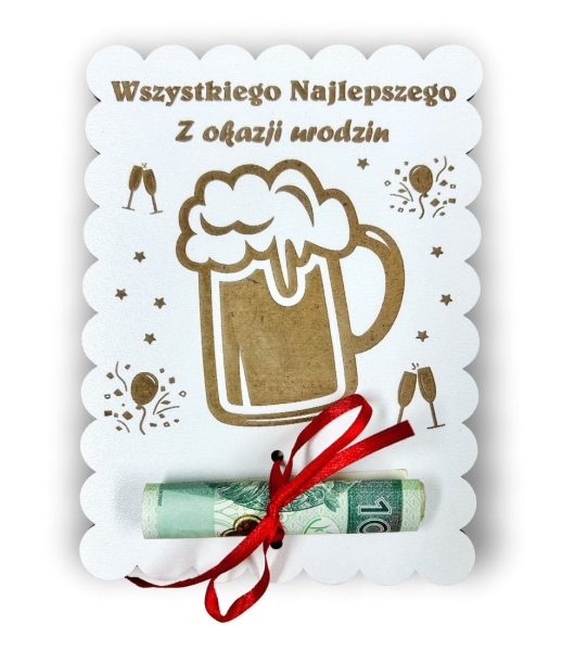Drewniana Kartka na Pieniądze Prezent na Urodziny dla Niego Piwo Śmieszny Bon Mega Prezencik