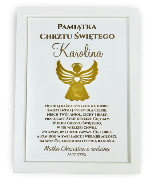 Pamiątka Chrztu Świętego Aniołek 3D Złote Lustro Personalizacja Ramka A4 Mega Prezencik