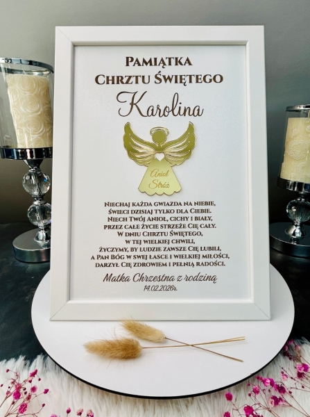 Pamiątka Chrztu Świętego Aniołek 3D Złote Lustro Personalizacja Ramka A4 Mega Prezencik