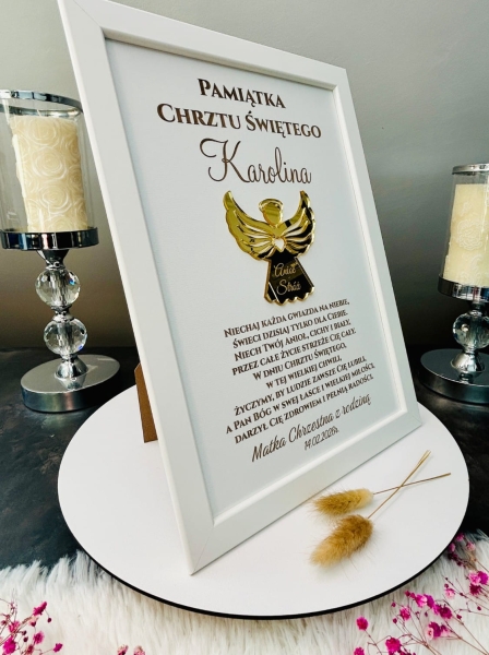 Pamiątka Chrztu Świętego Aniołek 3D Złote Lustro Personalizacja Ramka A4 Mega Prezencik