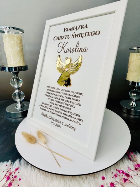 Pamiątka Chrztu Świętego Aniołek 3D Złote Lustro Personalizacja Ramka A4 Mega Prezencik