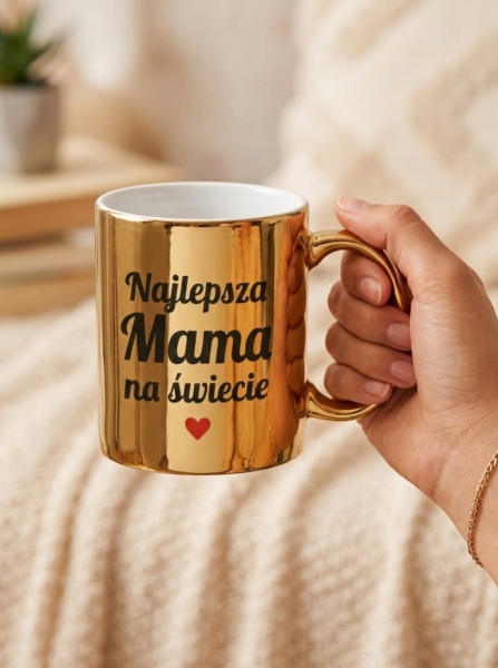 Kubek Złoty Najlepsza Mama Na Świecie Prezent na Dzień Matki Urodziny Serce Mega Prezencik