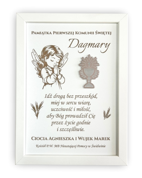 Pamiątka Pierwszej Komunii Świętej Personalizowana Ramka Grawer Obraz Anioł Mega Prezencik
