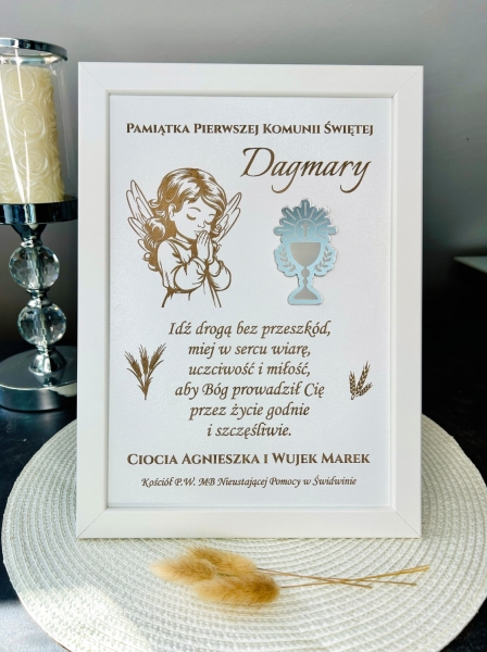 Pamiątka Pierwszej Komunii Świętej Personalizowana Ramka Grawer Obraz Anioł Mega Prezencik