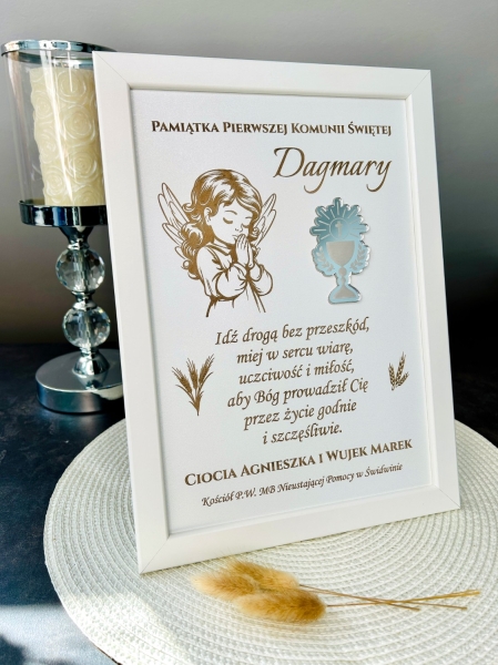 Pamiątka Pierwszej Komunii Świętej Personalizowana Ramka Grawer Obraz Anioł Mega Prezencik