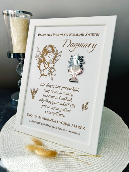 Pamiątka Pierwszej Komunii Świętej Personalizowana Ramka Grawer Obraz Anioł Mega Prezencik