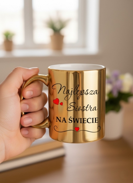 Złoty kubek Najlepsza Siostra na świecie – Idealny prezent dla siostry na urodziny i imieniny Mega Prezencik