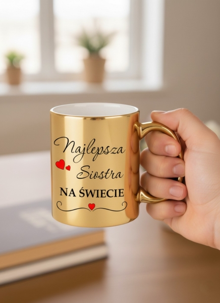 Złoty kubek Najlepsza Siostra na świecie – Idealny prezent dla siostry na urodziny i imieniny Mega Prezencik