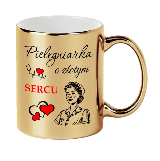 Kubek Złoty Lustrzany Prezent Podziękowanie dla Pielęgniarki o Złotym Sercu
