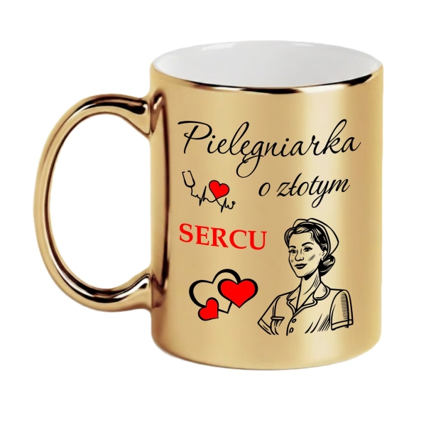 Kubek Złoty Lustrzany Prezent Podziękowanie dla Pielęgniarki o Złotym Sercu Mega Prezencik