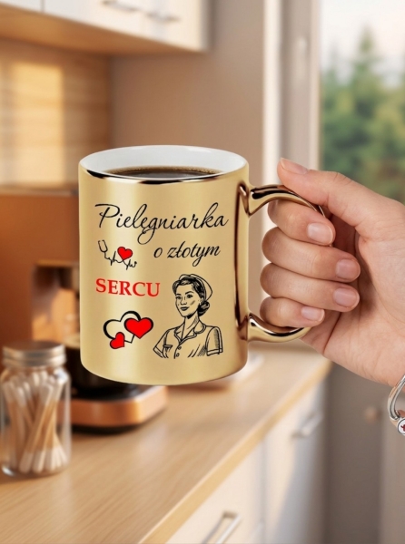 Kubek Złoty Lustrzany Prezent Podziękowanie dla Pielęgniarki o Złotym Sercu Mega Prezencik