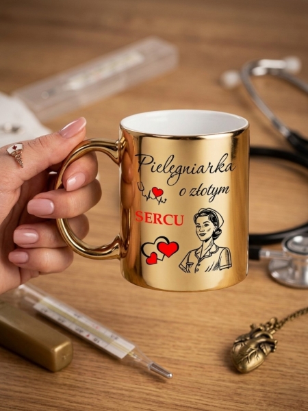 Kubek Złoty Lustrzany Prezent Podziękowanie dla Pielęgniarki o Złotym Sercu Mega Prezencik