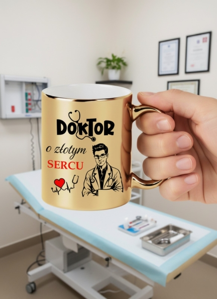 Złoty Kubek Podziękowanie dla Lekarza Doktor o Złotym Sercu Prezent Medyk Mega Prezencik