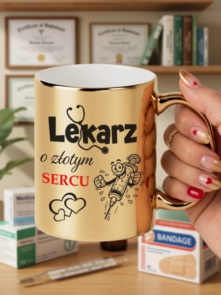 Złoty Kubek dla Lekarza Prezent Podziękowanie Lekarz o Złotym Sercu Wyjątkowy Mega Prezencik