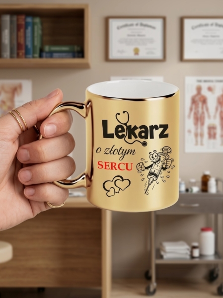 Złoty Kubek dla Lekarza Prezent Podziękowanie Lekarz o Złotym Sercu Wyjątkowy Mega Prezencik