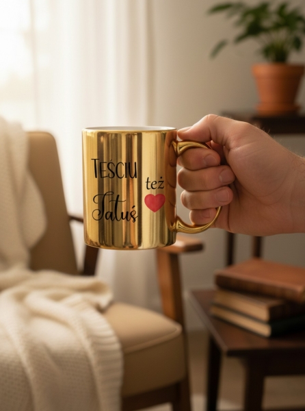 Złoty Kubek Prezent dla Teścia Teściu też Tatuś Elegancki z Sercem 330ml Mega Prezencik