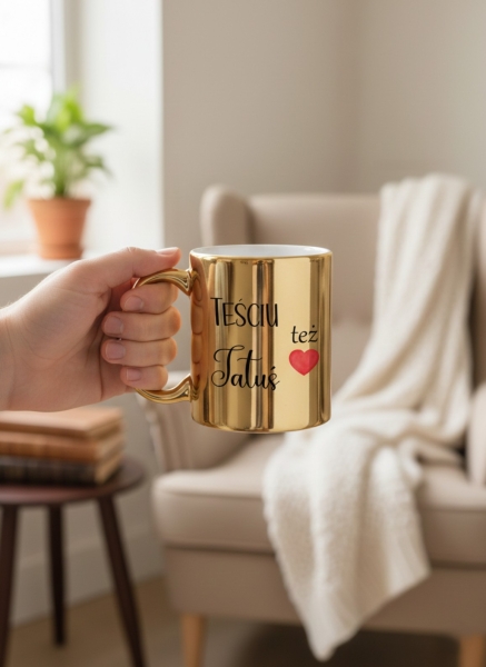 Złoty Kubek Prezent dla Teścia Teściu też Tatuś Elegancki z Sercem 330ml Mega Prezencik