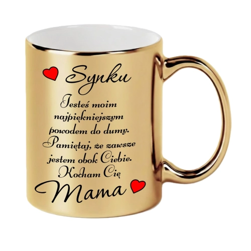 Złoty Kubek dla Syna Prezent od Mamy Napis Synku Kocham Cię Pamiątka Serce