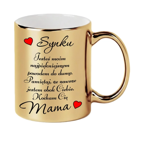 Złoty Kubek dla Syna Prezent od Mamy Napis Synku Kocham Cię Pamiątka Serce Mega Prezencik