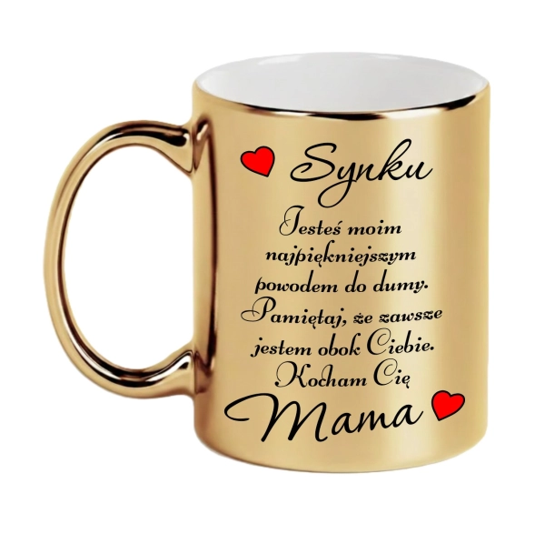 Złoty Kubek dla Syna Prezent od Mamy Napis Synku Kocham Cię Pamiątka Serce Mega Prezencik