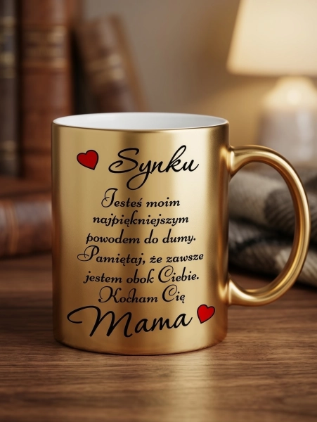 Złoty Kubek dla Syna Prezent od Mamy Napis Synku Kocham Cię Pamiątka Serce Mega Prezencik