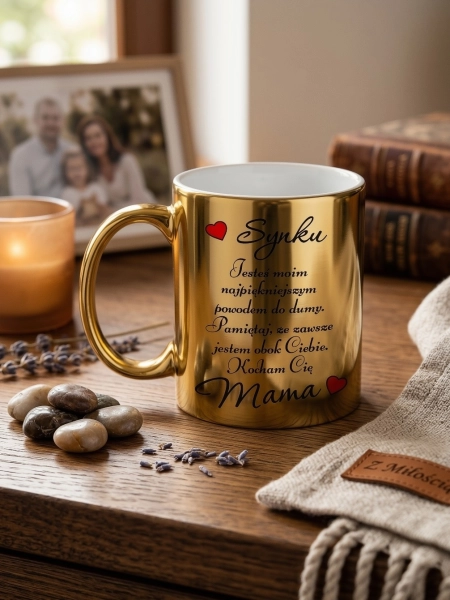 Złoty Kubek dla Syna Prezent od Mamy Napis Synku Kocham Cię Pamiątka Serce Mega Prezencik