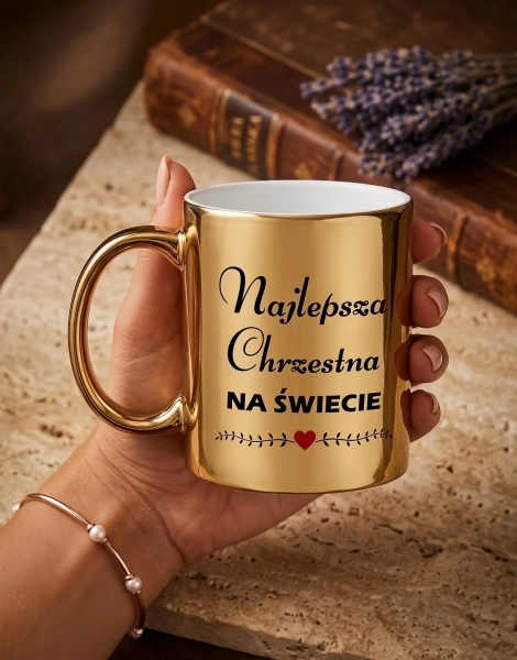 Złoty Kubek Prezent dla Matki Chrzestnej Najlepsza Chrzestna na Świecie 330ml Mega Prezencik