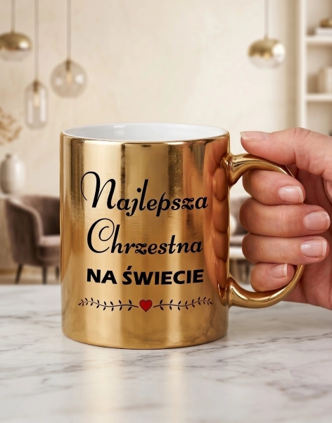 Złoty Kubek Prezent dla Matki Chrzestnej Najlepsza Chrzestna na Świecie 330ml Mega Prezencik