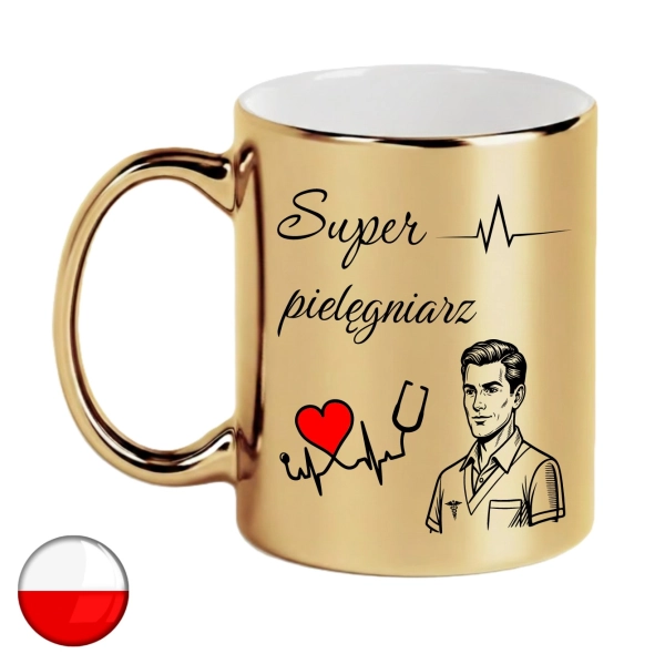Elegancki Złoty Kubek Super Pielęgniarz z Nadrukiem – Idealny Prezent dla Pielęgniarza na Urodziny, Imieniny, Dzień Pielęgniarki, Podziękowanie Medyczne, Kubek Ceramiczny Premium 330ml Mega Prezencik