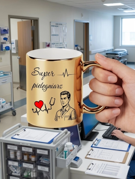 Elegancki Złoty Kubek Super Pielęgniarz z Nadrukiem – Idealny Prezent dla Pielęgniarza na Urodziny, Imieniny, Dzień Pielęgniarki, Podziękowanie Medyczne, Kubek Ceramiczny Premium 330ml Mega Prezencik