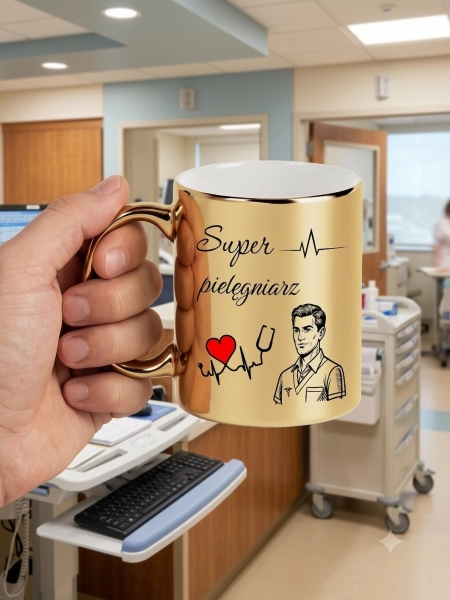 Elegancki Złoty Kubek Super Pielęgniarz z Nadrukiem – Idealny Prezent dla Pielęgniarza na Urodziny, Imieniny, Dzień Pielęgniarki, Podziękowanie Medyczne, Kubek Ceramiczny Premium 330ml Mega Prezencik