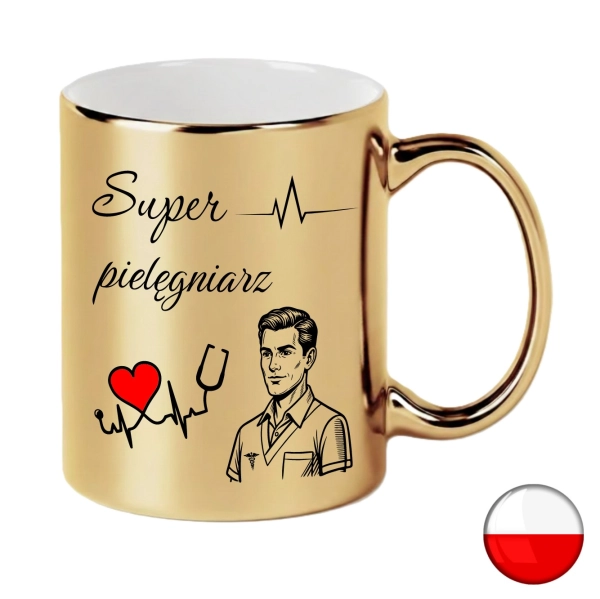 Elegancki Złoty Kubek Super Pielęgniarz z Nadrukiem – Idealny Prezent dla Pielęgniarza na Urodziny, Imieniny, Dzień Pielęgniarki, Podziękowanie Medyczne, Kubek Ceramiczny Premium 330ml Mega Prezencik
