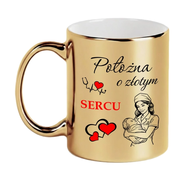 Elegancki Złoty Kubek Metalizowany dla Położnej z Grafiką i Napisem "Położna o Złotym Sercu" – Wyjątkowy Prezent na Podziękowanie, Dzień Położnej, Urodziny, Ceramiczny Kubek do Kawy i Herbaty z Sercem 330ml Mega Prezencik