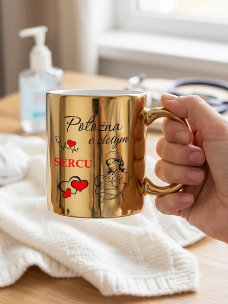 Elegancki Złoty Kubek Metalizowany dla Położnej z Grafiką i Napisem "Położna o Złotym Sercu" – Wyjątkowy Prezent na Podziękowanie, Dzień Położnej, Urodziny, Ceramiczny Kubek do Kawy i Herbaty z Sercem 330ml Mega Prezencik