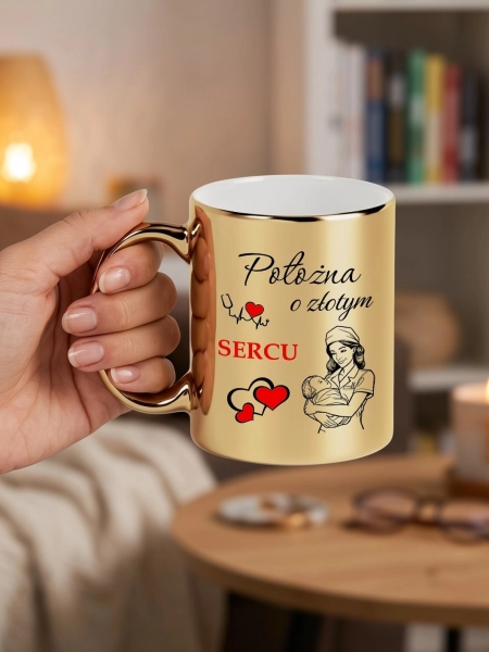 Elegancki Złoty Kubek Metalizowany dla Położnej z Grafiką i Napisem "Położna o Złotym Sercu" – Wyjątkowy Prezent na Podziękowanie, Dzień Położnej, Urodziny, Ceramiczny Kubek do Kawy i Herbaty z Sercem 330ml Mega Prezencik