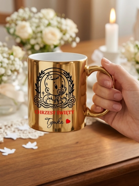 Kubek złoty Chrzest Święty Pamiątka Chrztu Prezent z Imieniem Personalizowany Mega Prezencik