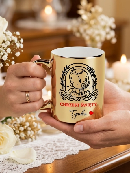 Kubek złoty Chrzest Święty Pamiątka Chrztu Prezent z Imieniem Personalizowany Mega Prezencik