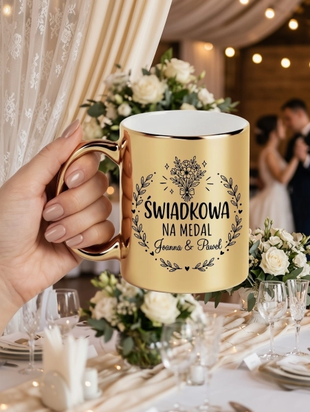 Kubek dla Świadkowej Złoty Prezent Podziękowanie Ślub Wesele Personalizowany Mega Prezencik