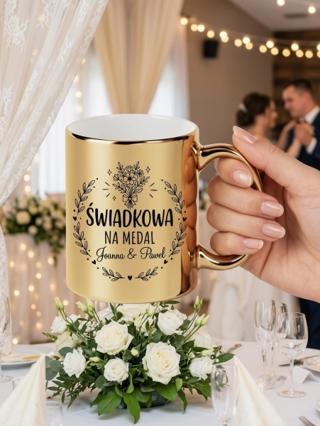 Kubek dla Świadkowej Złoty Prezent Podziękowanie Ślub Wesele Personalizowany Mega Prezencik