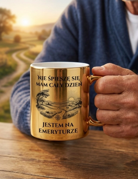 Złoty Kubek Prezent dla Emeryta na Emeryturę Śmieszny Napis Nie spieszę się Mega Prezencik