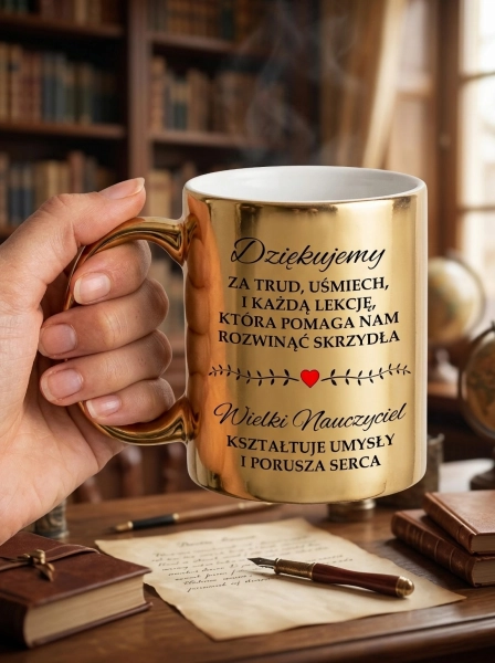 Kubek dla Nauczyciela Złoty Prezent Podziękowanie Dzień Nauczyciela Klasowy Mega Prezencik