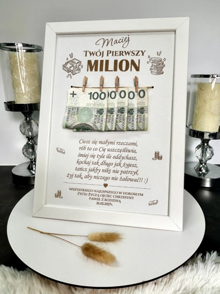 Ramka Twój Pierwszy Milion Prezent na 18 Urodziny Ślub Na Pieniądze Personal Mega Prezencik