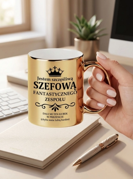ZŁOTY KUBEK DLA SZEFOWEJ Prezent dla Kierowniczki Dzień Szefa Od Zespołu Mega Prezencik