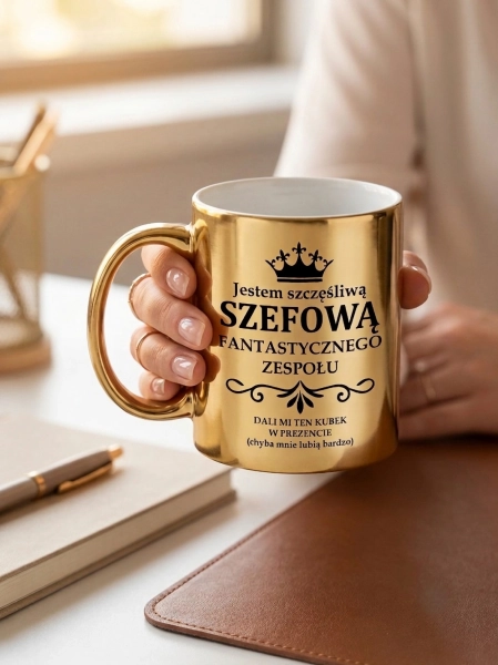 ZŁOTY KUBEK DLA SZEFOWEJ Prezent dla Kierowniczki Dzień Szefa Od Zespołu Mega Prezencik
