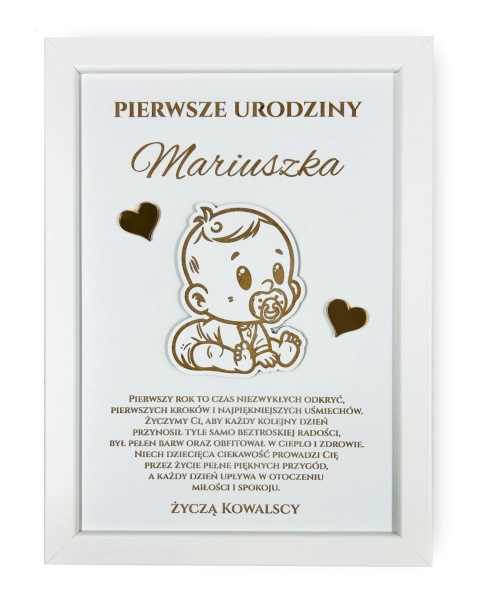 Pamiątka na Roczek dla Chłopca – Grawerowana Ramka 3D HDF Złota Pleksi Prezent Mega Prezencik