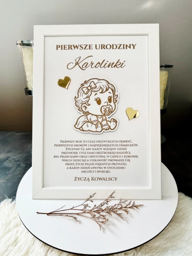 Pamiątka na Roczek Dziewczynki Prezent na 1 Urodziny Ramka z Życzeniami 3D